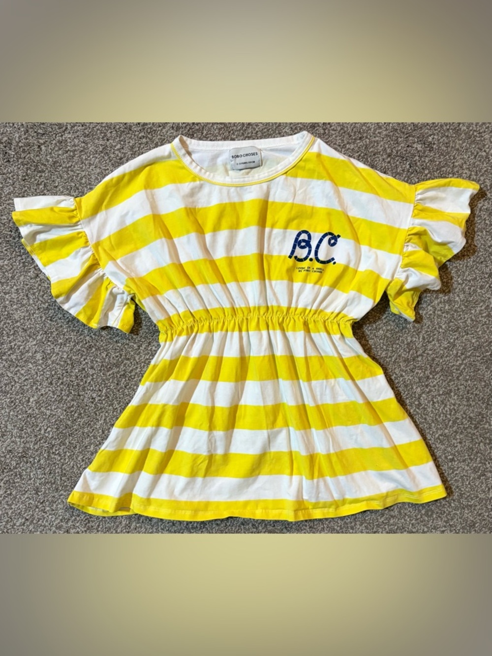 Bobo Choses Yellow & White Striped Elastic-Waist Tee with Navy Logo